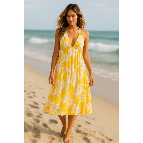 Yellow & White Tropical Halter Dress | Deep V-Neck | Open Back | Size 4-6 - Picture 2 of 9
